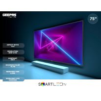 Geepas GLED7520SEUHD 75" Smart LED TV - Mirror Cast, 3.5mm, 3 HDMI & 2 USB Ports |2GB Ram, Wifi, Android 9.0 with E-Share | Comes Application Like Youtube, Netflix, Amazon Prime | 1 Years Warranty