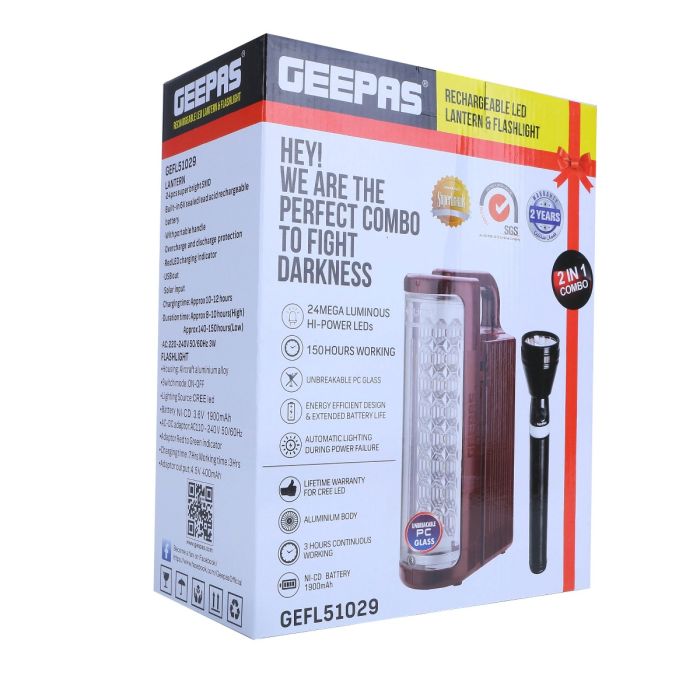Geepas Rechargeable LED Lantern & 1Pc Torch, Emergency Lantern with Light  Dimmer Function